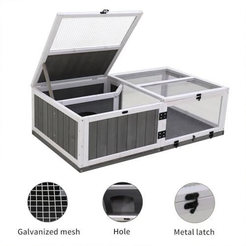 43" Large Tortoise House Habitat, Indoor & Outdoor Wooden Tortoise Habitat Cage with ActivityTray, Small Reptiles Feeding Box with Rest Area and Play Water Game Area