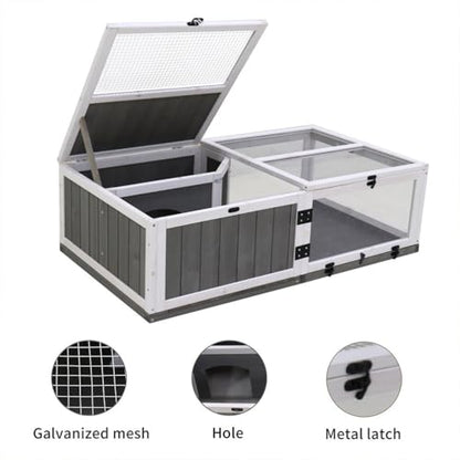 43" Large Tortoise House Habitat, Indoor & Outdoor Wooden Tortoise Habitat Cage with ActivityTray, Small Reptiles Feeding Box with Rest Area and Play Water Game Area