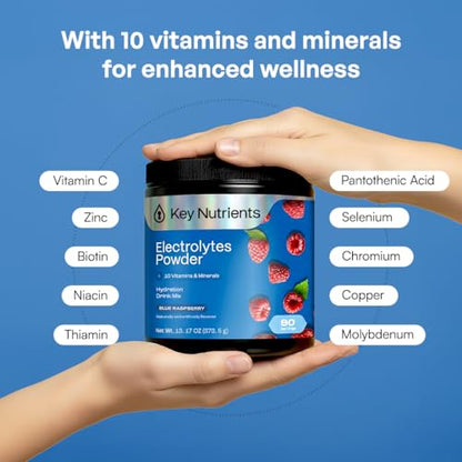KEY NUTRIENTS Multivitamin Electrolytes Powder No Sugar - Sweet Blue Raspberry Electrolyte Powder - Endurance & Energy Supplement - Hydration Powder - No Calories - 90 Servings - Made in USA