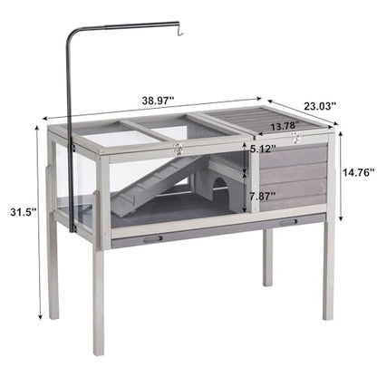 BIRASIL Wood Tortoise Enclosure with Adjustable Light Stand,2-Tier Habitat Reptile Cage with Feeding Area Swimming Area, Turtle House for Small Animals Lizards Hamster (Gray) - color: Gray