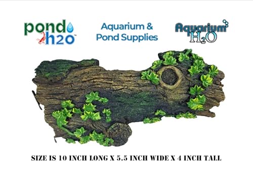 AquariumH2o Large Hollow Log with Plants Aquarium Pond Ornament Artificial Resin Tree Bark Hide or Cave for Fish Tank, 10 Inches Long Reptiles or Turtle Tank Ornament Safe for Aquatic Habitats, Brown