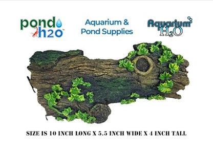 AquariumH2o Large Hollow Log with Plants Aquarium Pond Ornament Artificial Resin Tree Bark Hide or Cave for Fish Tank, 10 Inches Long Reptiles or Turtle Tank Ornament Safe for Aquatic Habitats, Brown