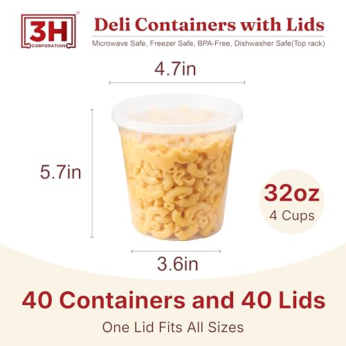 32oz Deli Containers with Lids (40 Sets/80 Pcs) Quart Plastic Containers with lids, BPA-Free Microwave Freezer Safe Bowl, Leakproof Food Prep Containers for Leftover Food Storage &To-Go - size: 32 oz - 40 Sets