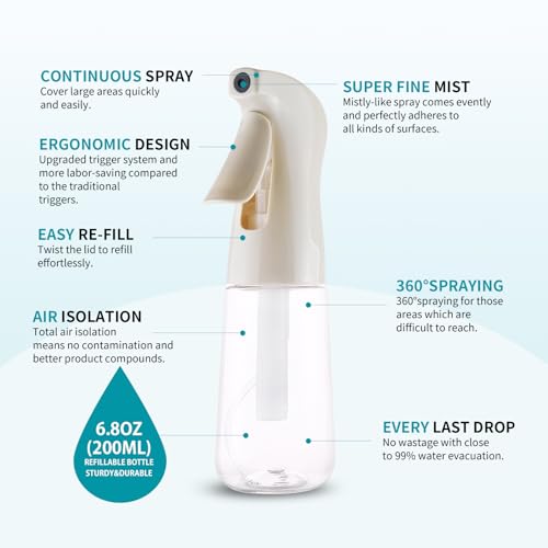 TANSHINE Continuous Spray Bottle for Hair,Ultra Fine Mist Water Hair Spray Bottles,Mister Spray Bottle,Refillable Plastic Sprayer for Hairstyling,Cleaning,Alcohol,Plants, Salons,6.8oz/200ml,Beige - color: Beige