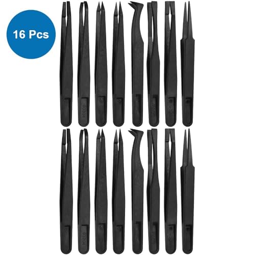 MMOBIEL 16-Piece Anti-Static Plastic Precision Tweezers Set, Tweezers with Pointed Flat Tip/Curved Tips, Tweezers for Electronics, Jewellery Making, Laboratory Work, Black - size: 16x