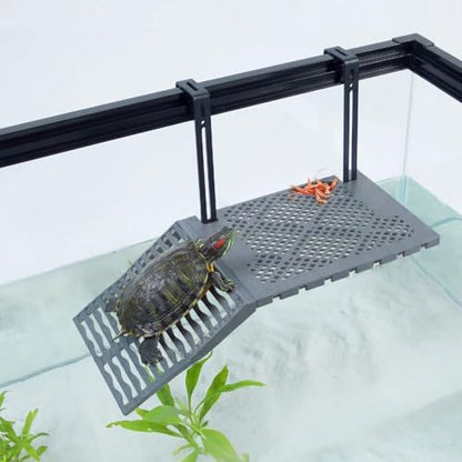 Compact SolidForm Hanging Turtle Basking Platform with Built-in Food Tray, Zero Zip-Tied, Non-Slip Ramp Terrace, Resting Turtles Dock, for 15+ Gallon Aquariums(8in Width+) Turtle Tank Accessories - size: Compact（7.1×5.9inches）