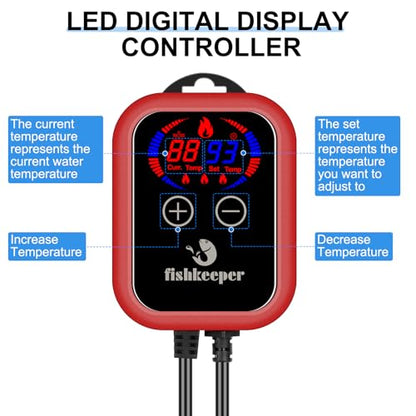 fishkeeper Aquarium Heater, 800 W Adjustable Fish Tank Heater with Digital Display Controller, Submersible Water Heater with Thermostat Over-Temperature Protection for Saltwater Freshwater 80-220 Gal - size: 800W