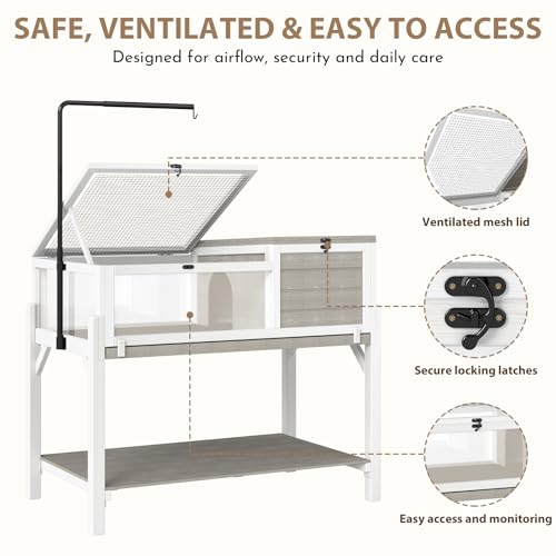 Tortoise Habitat for Small Reptiles, 2-Zone Wooden Turtle Cage with Adjustable Rotating Metal Lamp Stand, Storage Shelf, Indoor Reptile Enclosure for Tortoises, Geckos, Snakes