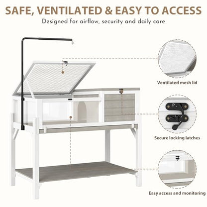Tortoise Habitat for Small Reptiles, 2-Zone Wooden Turtle Cage with Adjustable Rotating Metal Lamp Stand, Storage Shelf, Indoor Reptile Enclosure for Tortoises, Geckos, Snakes