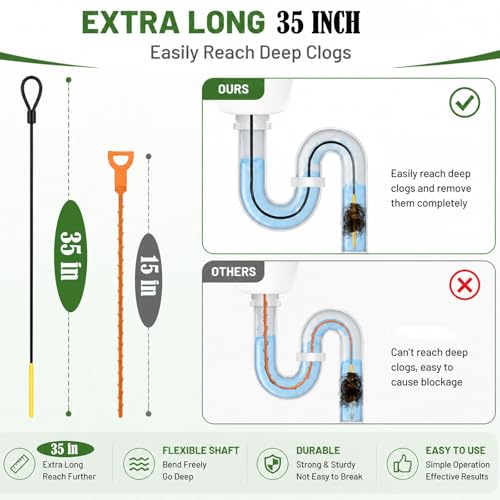 Drain Snake Hair Drain Clog Remover 35 Inch, 5PCS Reusable Sink Snake Drain Hair Remover Tool, Anti-Break Metal Plumbing Snake Drain Cleaner for Shower, Bathtub,Kitchen Sink