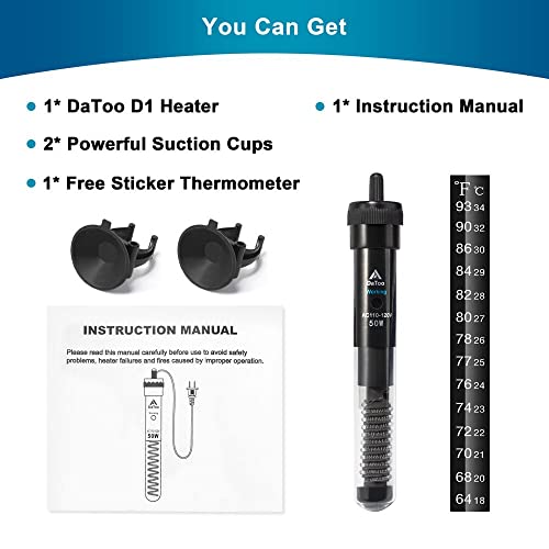 DaToo Aquarium Heater Adjustable 50W Submersible Fish Tank Heater with Electronic Chip Thermostat Suitable for Marine Saltwater and Freshwater - size: 50Watt
