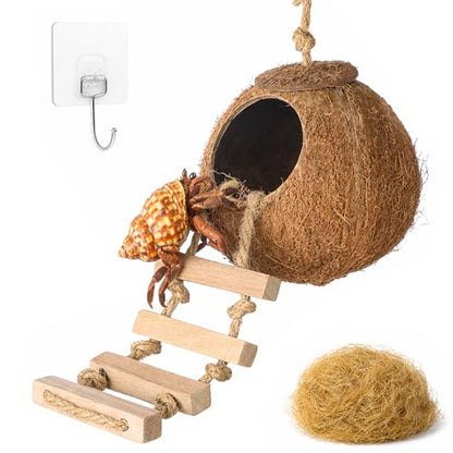 HERCOCCI Gecko Tank Accessories, Hermit Crab Toys Coconut Shell Natural Coconut Husk Hut with Climbing Ladder with Suction Cup for Leopard Gecko Snake Reptiles