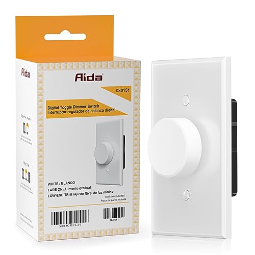 AIDA Digital Light Toggle Dimmer Switch for Dimmable LED, CFL & Incandescent Bulbs, Single Pole/3-Way, Screwless Wall Plate Included, UL Listed, No Neutral Wire, 1 Pack - color: White, size: Rotary Dimmer with Wall Plate