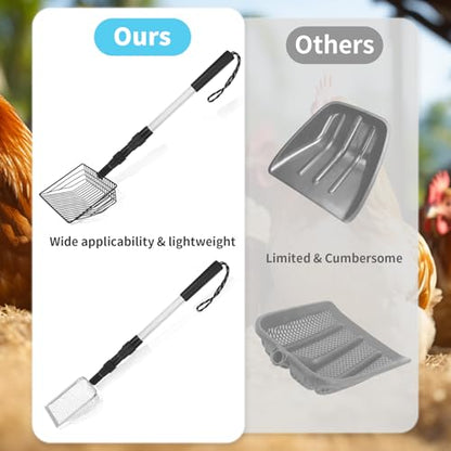 3 PCS Chicken Poop Scooper,Stretchable Coop Scoop for Rudak Chicken,Detachable Stainless Steel Cat Litter Scoop with Mesh Replacement Head,Long Handle Cat Poop Scooper Sand Sifting Shovel