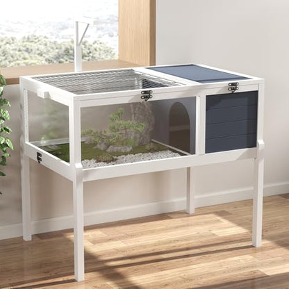 Yafylly Wooden Tortoise Habitat Indoor, Large Tortoise Habitat Enclosure with Detachable Legs, 2 Leak-Proof Trays, Lamp Holder, Indoor Turtles Habitats, Tortoises House Outdoor
