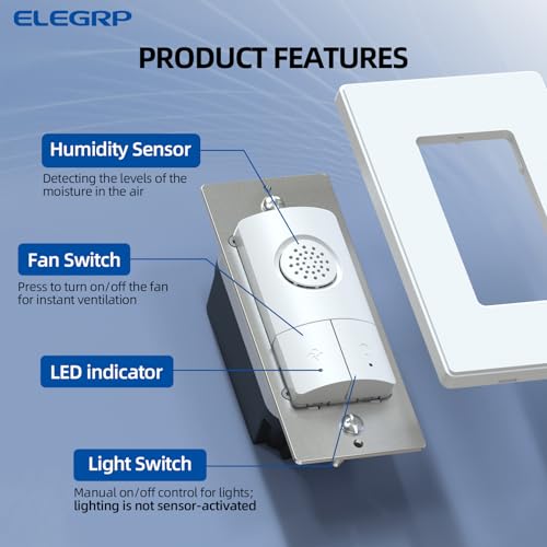 ELEGRP Dual Combination Humidity Sensor Switch with Light Control, Exhaust Fan Automate Ventilation, Moisture Control, Air Circulation for Bathroom, Ground Wire Required, Single Pole, White, 1 Pack - style: Fan & Light Control