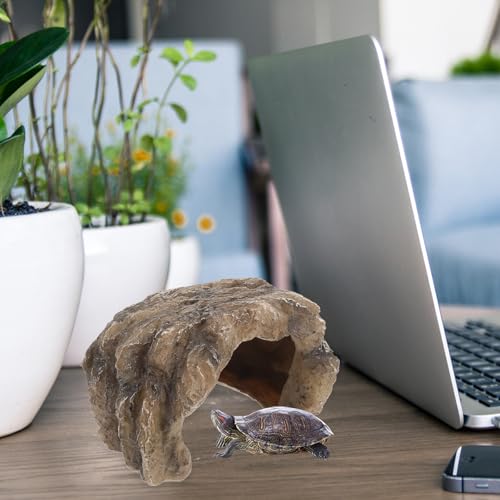 Reptile Cave Hideout Resin Rock Shelter with Ramp Platform for Turtle Tank and Bearded Dragon Enclosure Ornament, Natural Decoration for Reptile Hiding and Basking