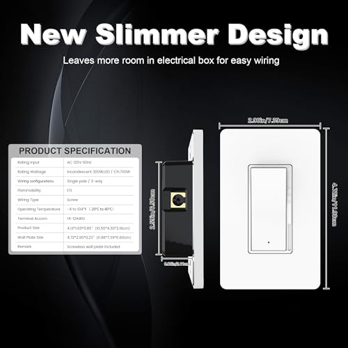 ThunderWay Decorator Digital Dimmer Light Switch with Indicator, Single Pole/ 3-Way for 300W Dimmable LED, CFL and 700WIncandescent Bulbs Screwless Wall Plate Included ETL Listing White 1PACK
