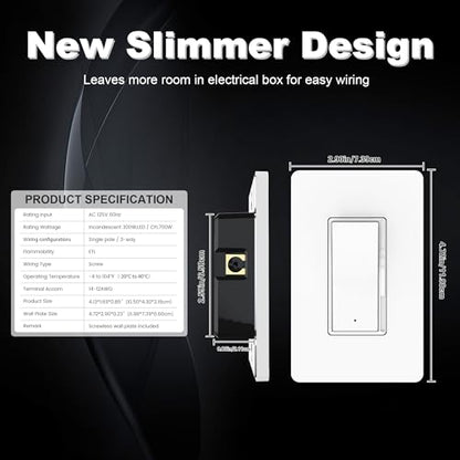 ThunderWay Decorator Digital Dimmer Light Switch with Indicator, Single Pole/ 3-Way for 300W Dimmable LED, CFL and 700WIncandescent Bulbs Screwless Wall Plate Included ETL Listing White 1PACK