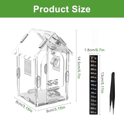 Jumping Spider Enclosure, Acrylic Terrarium Habitat with Magnetic Front Door & Full Ventilation, with Tweezers and Temperature Sticker, for Spiderling and Micro Reptiles