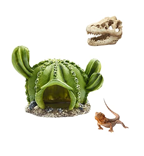 AWXZOM Reptile hideouts Come with Dinosaur Skull Hideout, Resin Cactus Desert Aquarium Tank Habitat Accessories for Bearded Dragon Chameleon Leopard Gecko Snake Fish (Ball Cactus)