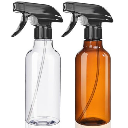 Spray Bottles 2-Pack, 10 Oz, Mist & Stream, Heavy Duty Spraying Empty Water Sprayer Bottle, BPA Free Plastic Refillable Containers for Cleaning Solutions, Plants, Hair, Essential Oils (Clear & Amber) - style: Clear & Amber