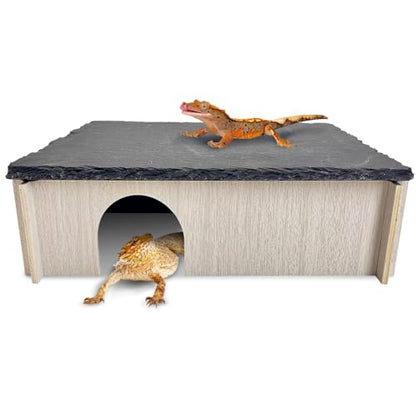 PINVNBY Large Bearded Dragon Basking Platform, Wooden Snake Hide, Ball Pythons Hide with Slate Rock, Leopard Gecko Tank Accessories for Geckos, Crested Gecko Chameleon Turtles (L: 11.8x7.87 inches) - size: L: 11.8x7.87 inches