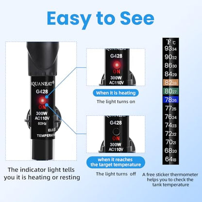 AQUANEAT Aquarium Heater, 300W Fish Tank Heater, Adjustable Submersible Water Thermostat with Thermometer - size: 300W
