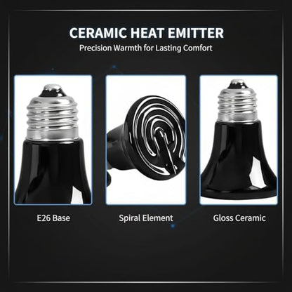 2 Pcs Mini Ceramic Heat Emitter for Reptiles, 75W Infrared Brooder Coop Heater, No Light Emitted, E26 Socket, Anti-Scald Heating Bulb for Pet, Chicken, Lizard, Turtle