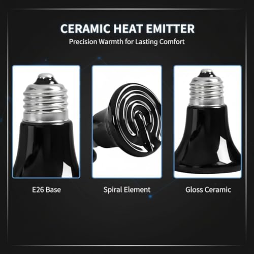 2 Pcs Mini Ceramic Heat Emitter, 75W Reptile Heat Lamp Bulb, Infrared Brooder Coop Heater, No Light Emitted, E26 Socket, Anti-Scald, Safe Heating Bulb for Pet, Chicken, Lizard, Turtle