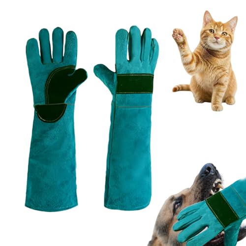 Bite Proof Animal Handling Gloves, Reinforced Leather Anti-Scratch Safety Gauntlets for Dogs Cats Reptiles Wildlife, Extra Long Forearm Protection for Grooming Bathing Training - color: Green, size: 17.7inch