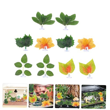 Cabilock 10pcs Reptile Terrarium Plants Artificial Simulation Leaf Decor with Suction Cups for Lizard Chameleon Snake Habitat and Climbing Tank Supplies