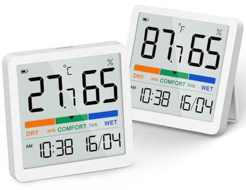 NOKLEAD Indoor Hygrometer Thermometer - Digital Temperature & Humidity Monitor with Calibration, Clear LCD Display & Clock, Accurate Room Gauge for Home, Baby Room, Office (2-Pack) - color: White, size: 2 Pack