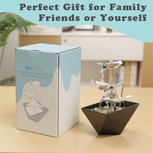 Tabletop Water Fountain Indoor - Handcrafted 3-Tier Waterfall 304 Metal | Easy "+" "-" On/Off Switch, Quiet Pump, Zen Relaxation for Office, Living Room, or Bedroom, Durable Desktop Fountain - color: Black
