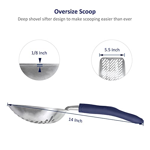 WePet Cat Litter Scoop, Aluminum Alloy Sifter, Kitty Metal Scooper, Deep Shovel with Diagonal Sifting Hole, Long Handle, Kitten Poop Lifter for Litter Box, Large Size, Blue Handle - color: #01 Blue, size: Large