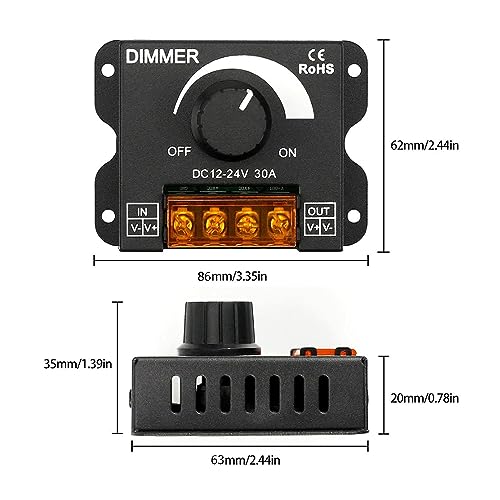 2Pack LED Dimmer Switch DC 12-24V 30A PWM Stepless Brightness Dimming Controller for Single Color LED Strip 5050/3528 Light