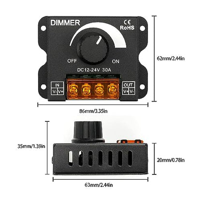 2Pack LED Dimmer Switch DC 12-24V 30A PWM Stepless Brightness Dimming Controller for Single Color LED Strip 5050/3528 Light