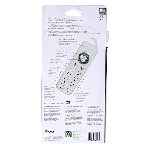 Southwire Woods Indoor 8-Outlet Power Strip Timer - Power Strip with Built-In Mechanical Timer - Programmable Outlet Strip - Grounded Outlets - Daily Power Control - White