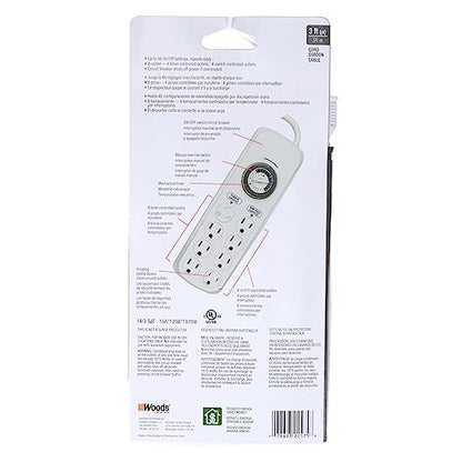 Southwire Woods Indoor 8-Outlet Power Strip Timer - Power Strip with Built-In Mechanical Timer - Programmable Outlet Strip - Grounded Outlets - Daily Power Control - White