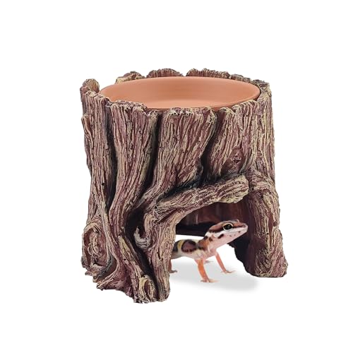Reptile Hide Cave, 2 in 1 Reptile Humid Hide with Detachable Clay Water Basin, Resin Terrarium Decorations for Leopard Gecko, Crested Gecko, Lizard, Snake, Crabs