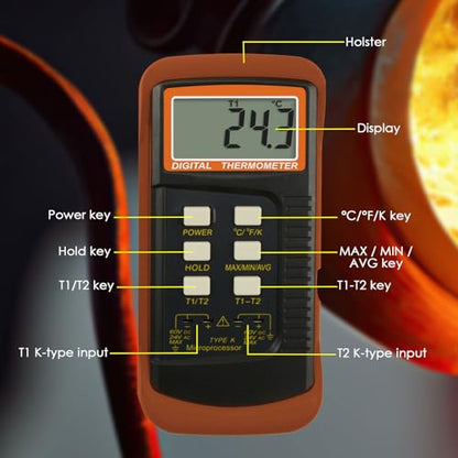 K Type Thermocouple Thermometer (-50~1300°C), Dual Channels Digital Thermometer with 2 Temperature Clamp 2 Wired Thermocouple Probes, High Accuracy Temperature Kelvin Scale Meter Tester