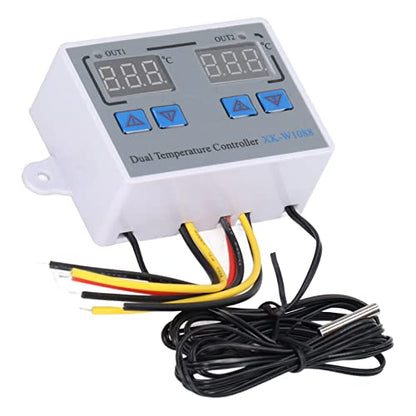 Dual Display Temperature Humidity Controller, Digital Thermostat Switch with 10K Sensor, Heating Cooling Thermostat for Greenhouse Reptile Tank, 12V Input Wide Range - 50℃ to