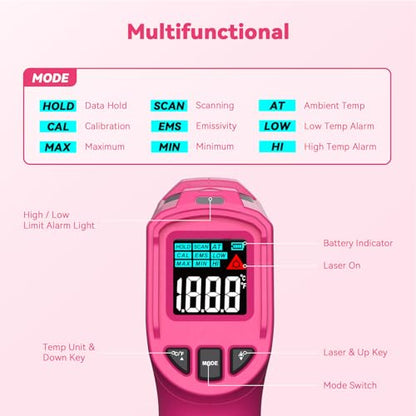 Wintact Laser Infrared Thermometer Gun Pink, -58°F to 1112°F Surface Heat Temperature Gun, Non-Contact Digital Thermometer for Kitchen Cooking Food, Pizza Oven, BBQ, Griddle, Soap Making, HVAC