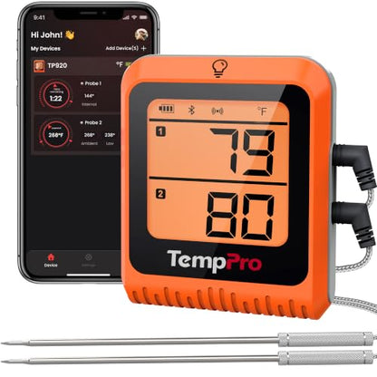 TempPro Wireless Meat Thermometer Digital for Grilling and Smoking, 2 Probes Bluetooth Meat Thermometer for Cooking Turkey Fish Beef, Rechargeable Smoker Accessories for BBQ Oven Gift for Dad - style: 2 Probes