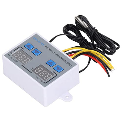 Digital Dual Display Temperature Humidity Controller Thermostat Switch with 10K Sensor for HVAC Greenhouse Reptile Terrarium 12V Power ABS Housing 1M Cable