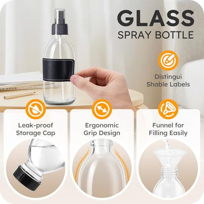 Tecohouse 2 Pack Glass Spray Bottles, 250ml Small Glass Bottles for Cleaning Solutions, Spray Bottles for Essential Oils, Plants, with Durable Nozzle, Labels, Funnel - Clear - color: 8.5 oz Clear-Black Lids