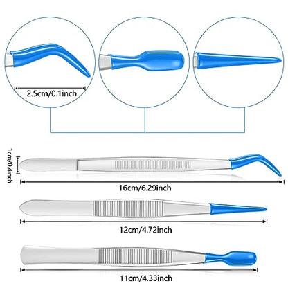 Honoson 3 Pieces Rubber Tipped Tweezers for Crafting Set - PVC Coated Flat, Straight & Bent Tips Stamps, Beads, Jewelry(Blue) - color: Blue
