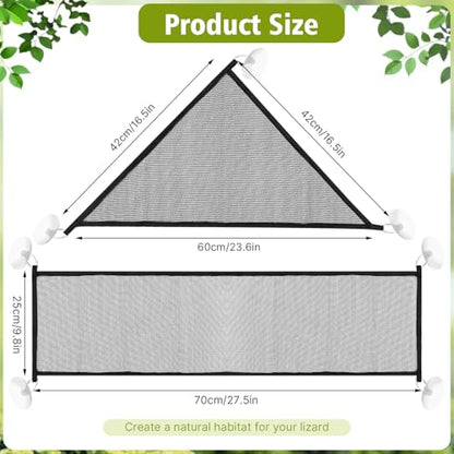 2-Pack Large Bearded Dragon Hammock Set (1 Rectangle + 1 Triangle), Reptile Tank Accessories with Strong Suction Cups, Lounge Bed for Lizards, Snakes, Geckos & Small Pets (Black)