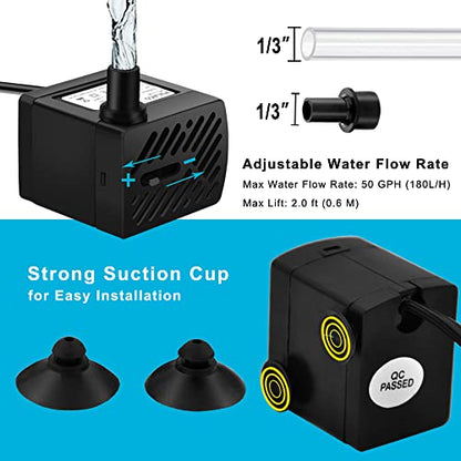 PULACO 50GPH 3W Mini Submersible Water Pump with 3.3 FT Tubing for Aquariums, Fish Tank, Pond, Fountain, Hydroponics