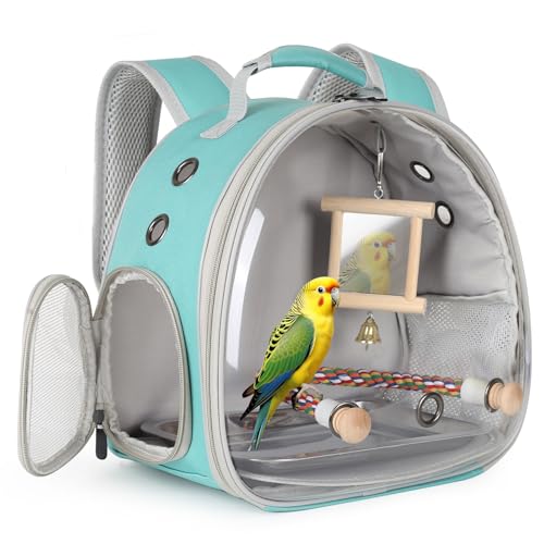 Parrot Travel Carrier Bubble Window Backpack with Mirror Standing Toy,Portable Parrot Cage Backpack with Bird Stand Perch, Pet Travel Bag for Cockatiels, Love Bird,Small Birds - color: Green, size: 12.0"L x 7.0"W x 12.0"H